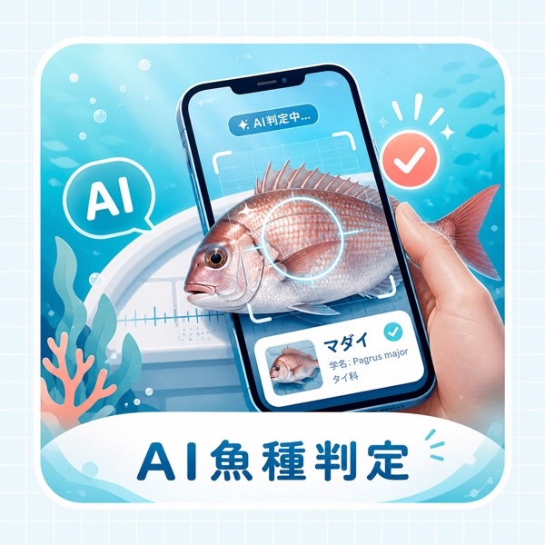 マダイをスマホで撮影、AIが魚種を判定するイラスト