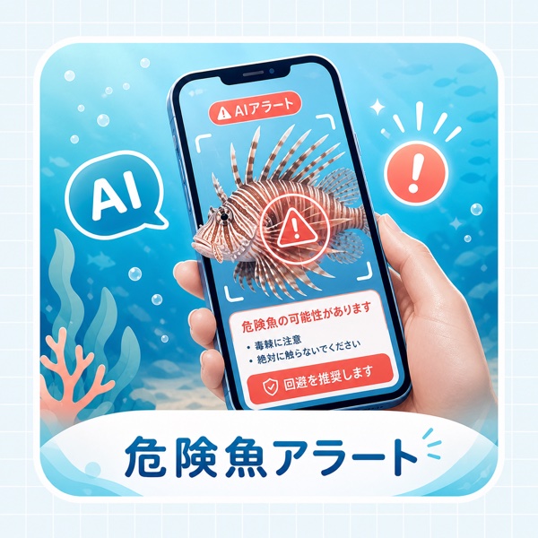 ミノカサゴなどの毒魚にAIが警告を出すイラスト