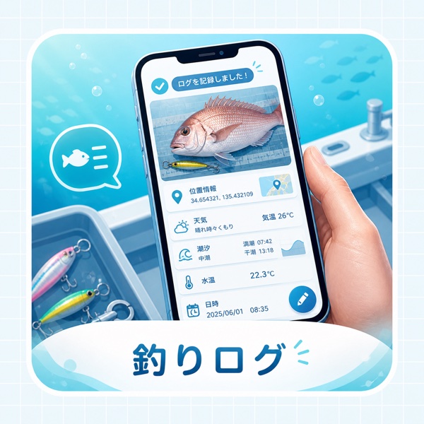 釣ったマダイの位置・天気・水温などをスマホで記録するイラスト