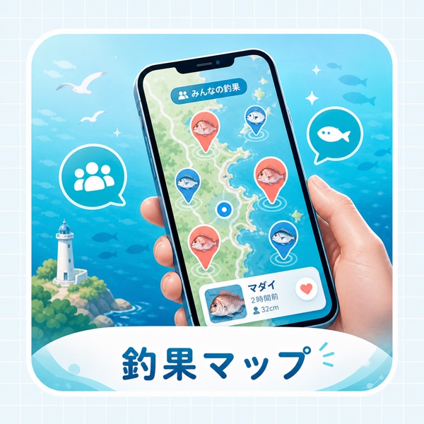 釣果マップに釣れた魚種のピンが立っているイラスト